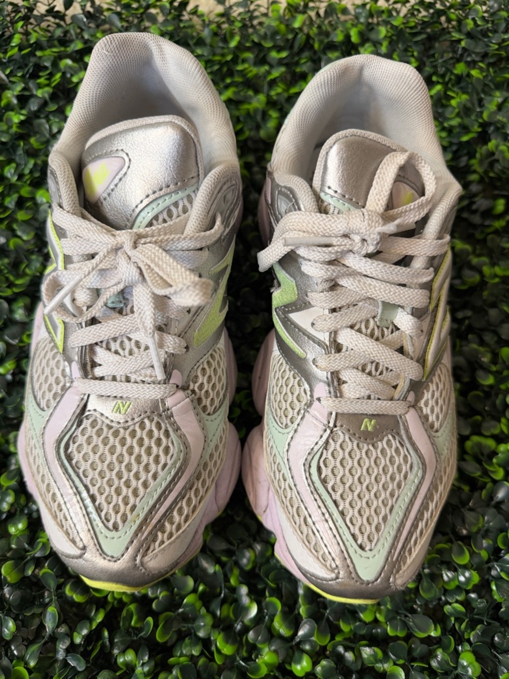 New Balance Women's Silver Sneakers with Pastel Green & Light Pink Accents